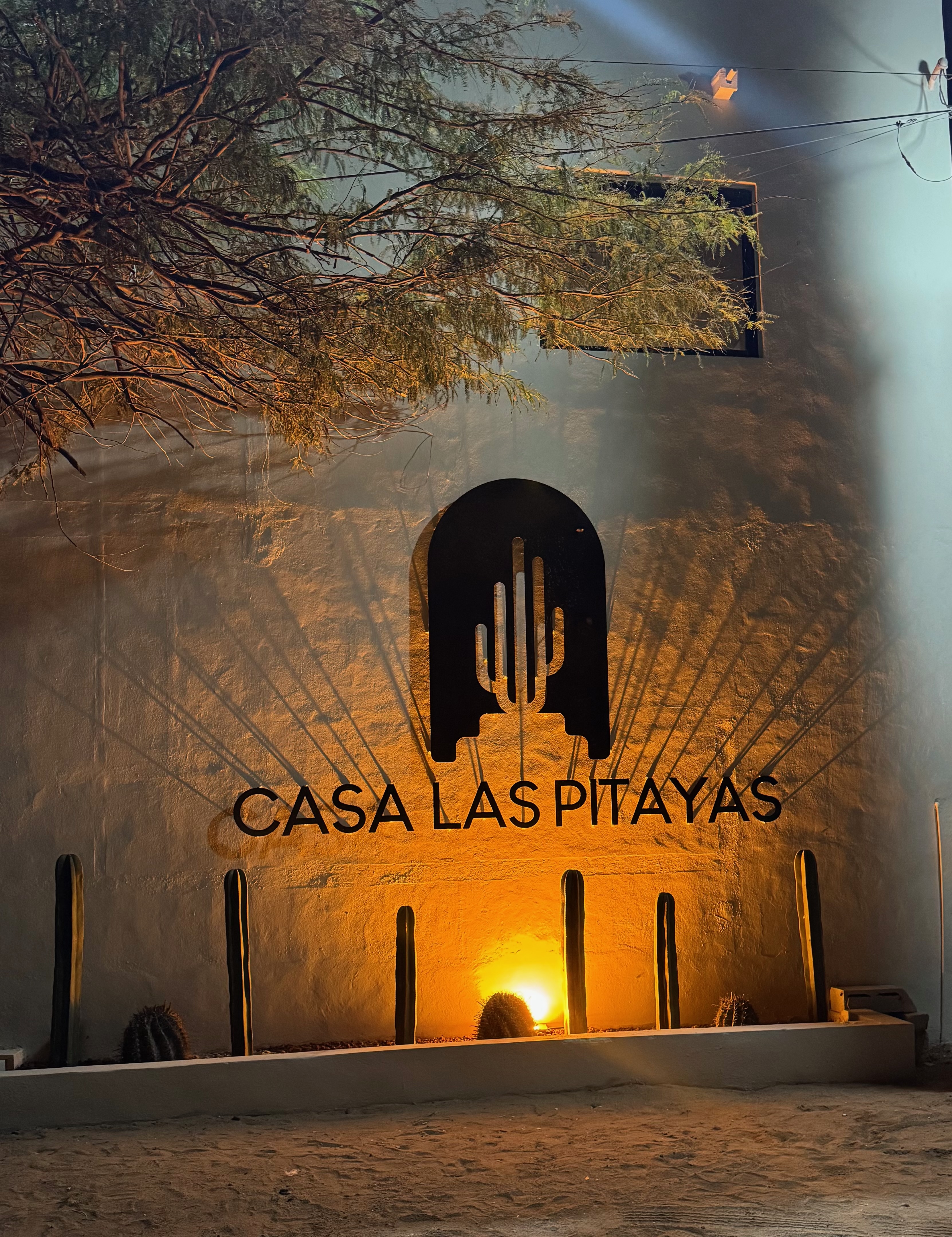 Entrada iluminada de Casa Las Pitayas con cactus